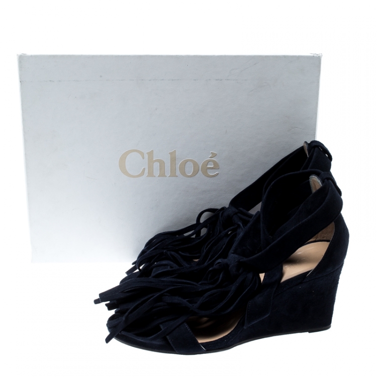 Pre Owned Chloe Blue Suede Cross Strap Fringe Tassel Detail Wedge Sandals Size 36