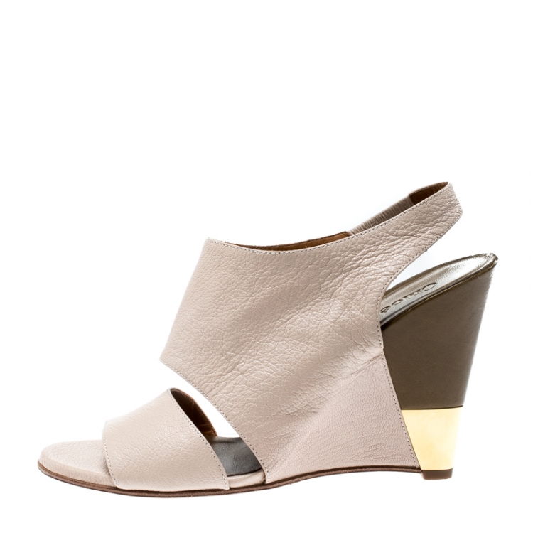 مملوكة مسبقًا Chloe Beige Leather Estel Peep Toe Slingback Wedges Size 38