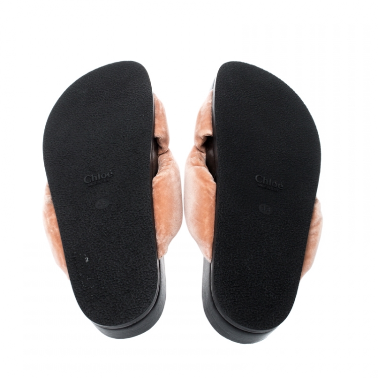 Pre Owned Chloe Beige Velvet Knotted Slip On Slides Size 39