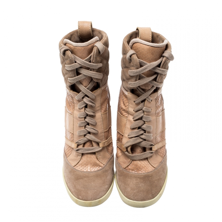 Pre Owned Chloe Pink Suede And Leather Lace Up Wedge Ankle Boots Size 40