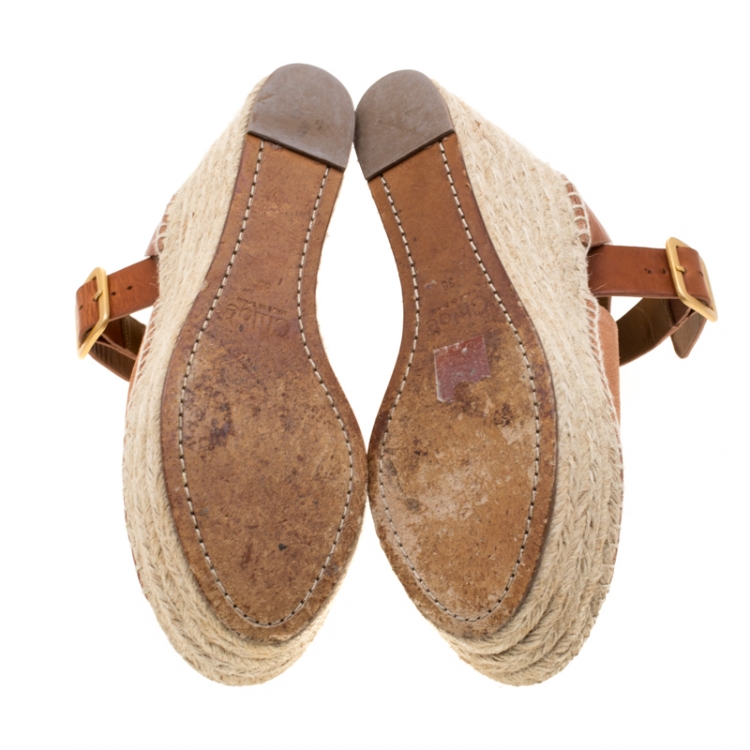 Pre Owned  Chloe Brown Suede Leather Espadrille Ankle Strap Wedge Platform Sandals Size 38
