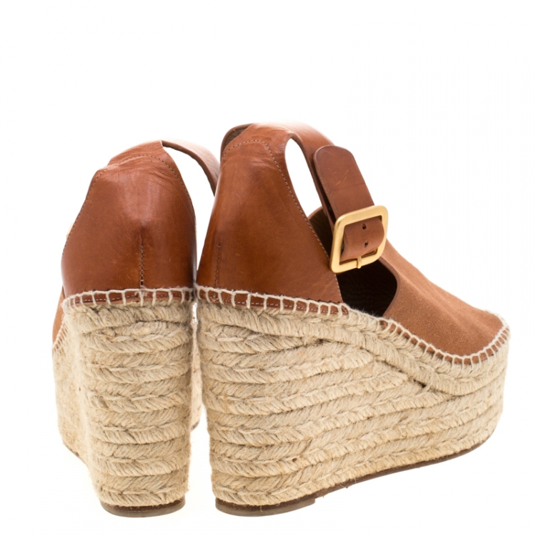 Pre Owned  Chloe Brown Suede Leather Espadrille Ankle Strap Wedge Platform Sandals Size 38