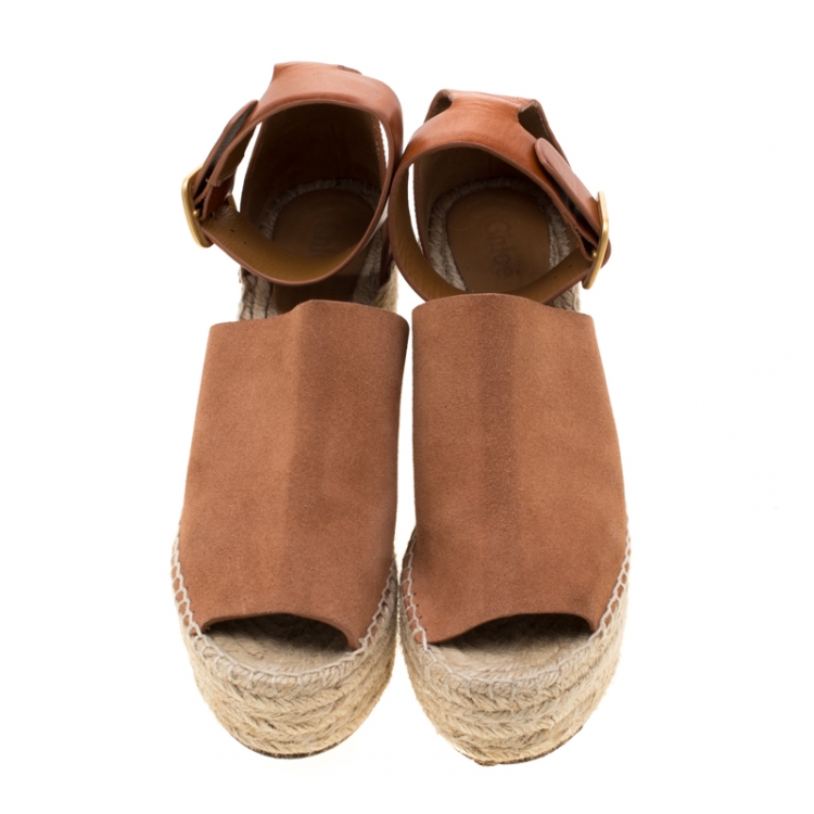 Pre Owned  Chloe Brown Suede Leather Espadrille Ankle Strap Wedge Platform Sandals Size 38