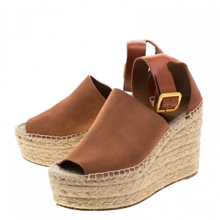 Pre Owned  Chloe Brown Suede Leather Espadrille Ankle Strap Wedge Platform Sandals Size 38