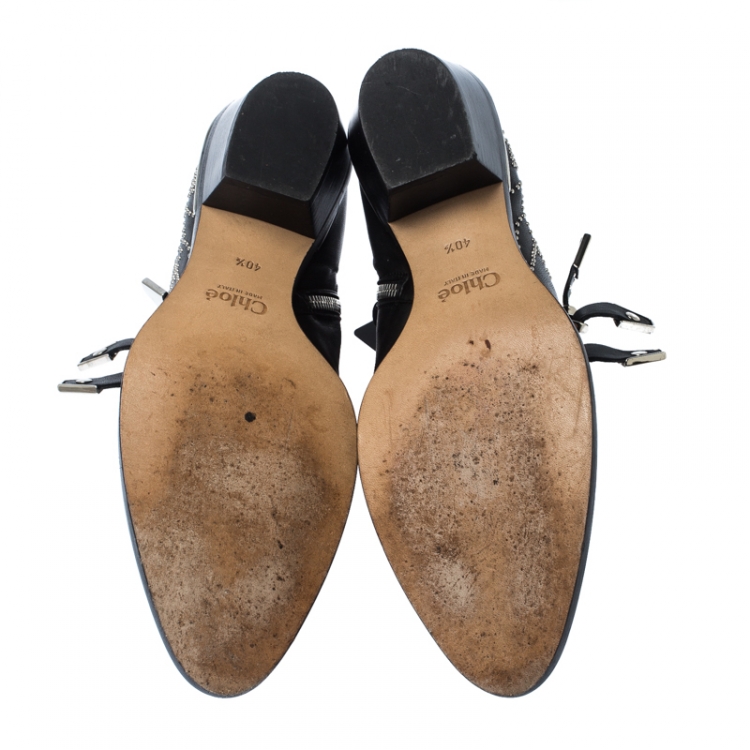 مملوكة مسبقًا Chloe Black Embellished Leather Susanna Ankle Boots Size 40.5