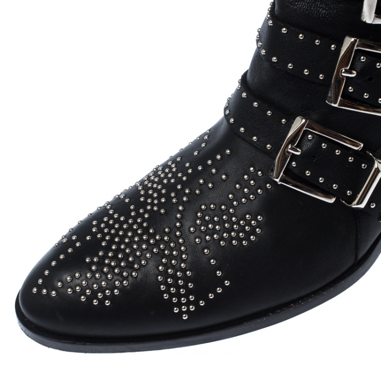 مملوكة مسبقًا Chloe Black Embellished Leather Susanna Ankle Boots Size 40.5