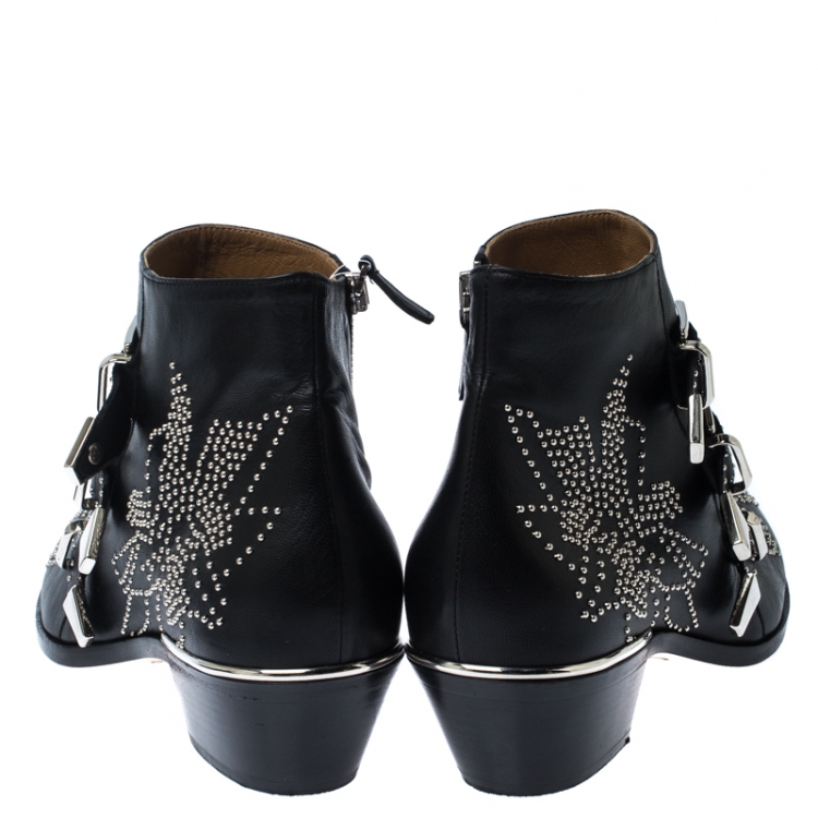مملوكة مسبقًا Chloe Black Embellished Leather Susanna Ankle Boots Size 40.5