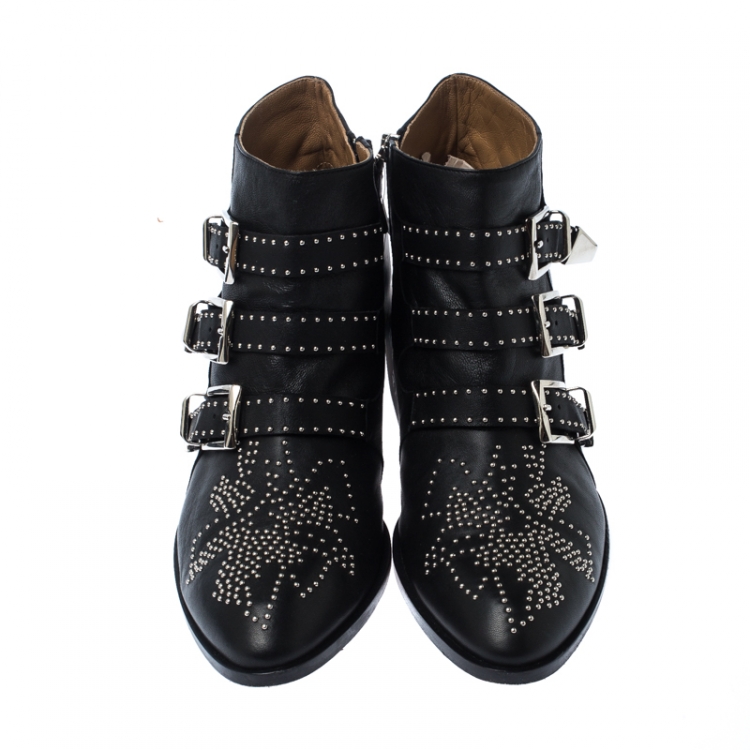 مملوكة مسبقًا Chloe Black Embellished Leather Susanna Ankle Boots Size 40.5