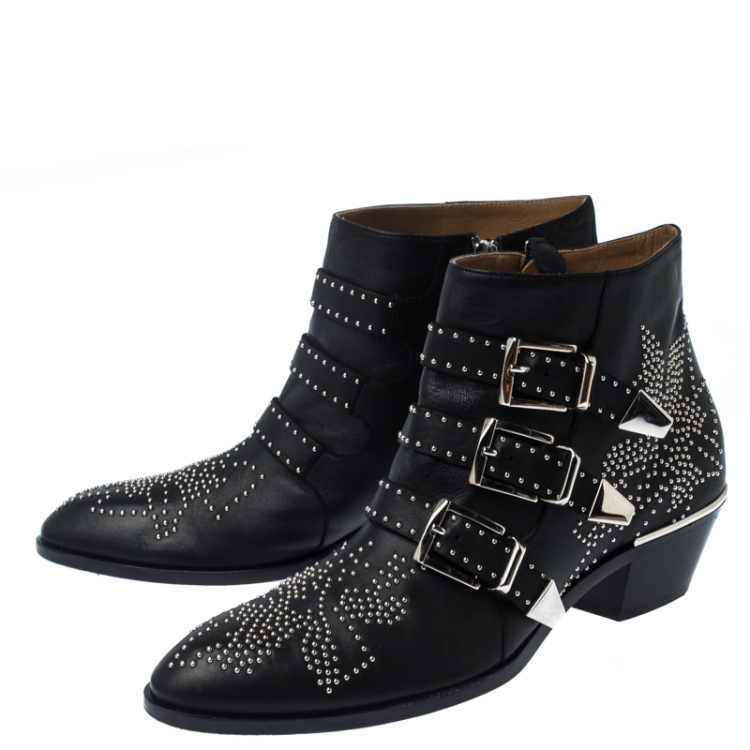 مملوكة مسبقًا Chloe Black Embellished Leather Susanna Ankle Boots Size 40.5