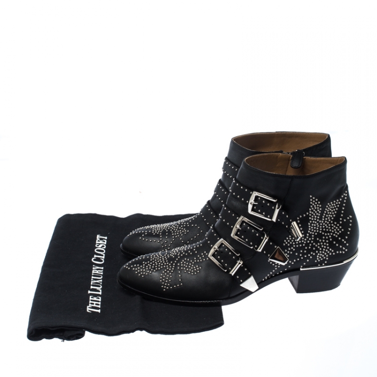 مملوكة مسبقًا Chloe Black Embellished Leather Susanna Ankle Boots Size 40.5