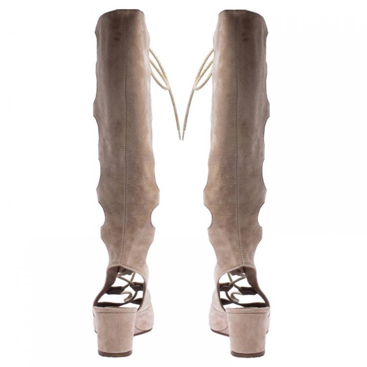 Pre Owned Chloé Beige Suede Gladiator Lace Up Tall Wedge Sandals Size 36
