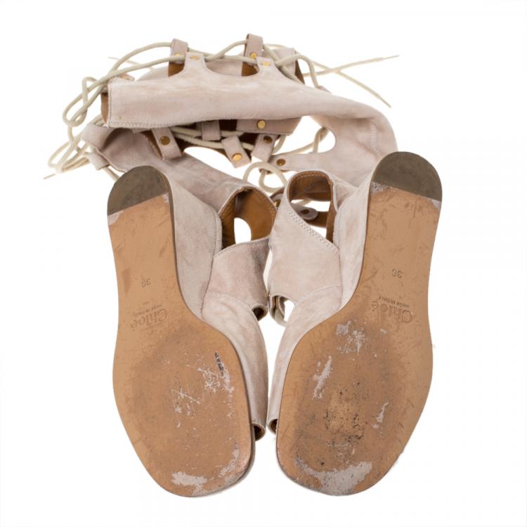 Pre Owned Chloé Beige Suede Gladiator Lace Up Tall Wedge Sandals Size 36