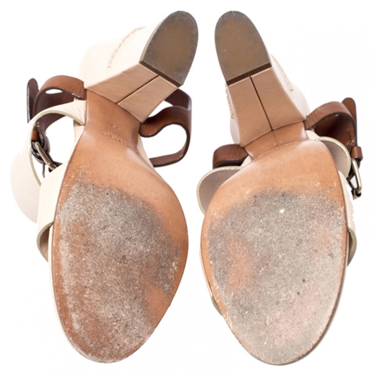Pre Owned Chloe Beige/Brown Leather Ankle Strap Sandals Size 39