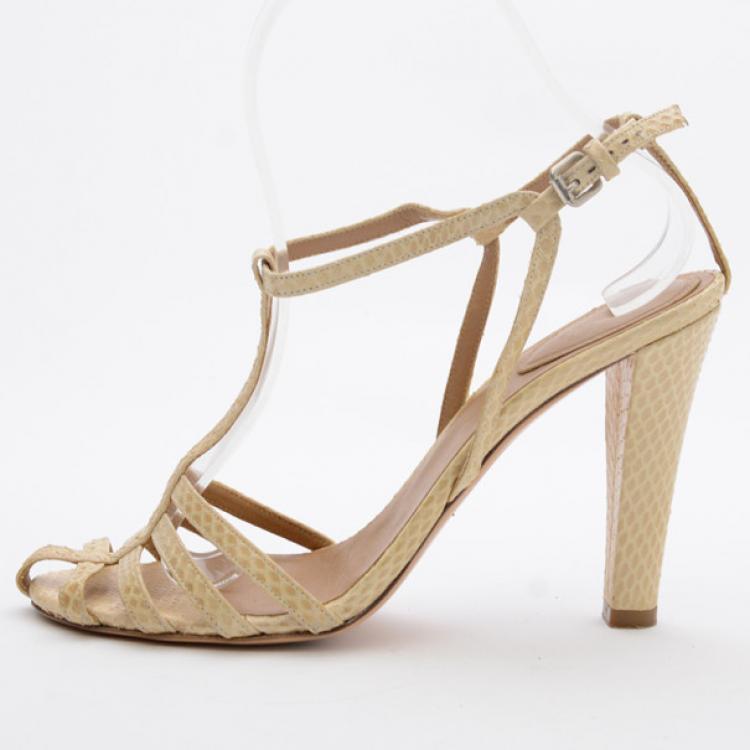 Pre Owned Chloe Cream Python Embossed Leather T Strap Sandals Size 37.5