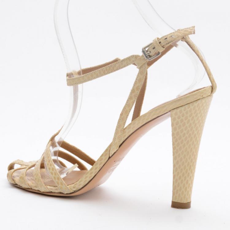 Pre Owned Chloe Cream Python Embossed Leather T Strap Sandals Size 37.5