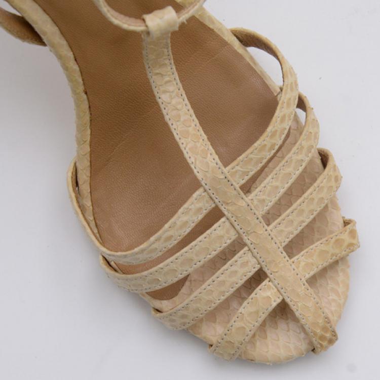 Pre Owned Chloe Cream Python Embossed Leather T Strap Sandals Size 37.5