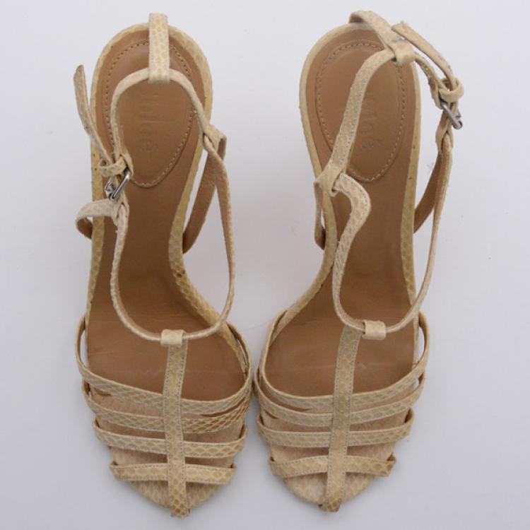 Pre Owned Chloe Cream Python Embossed Leather T Strap Sandals Size 37.5