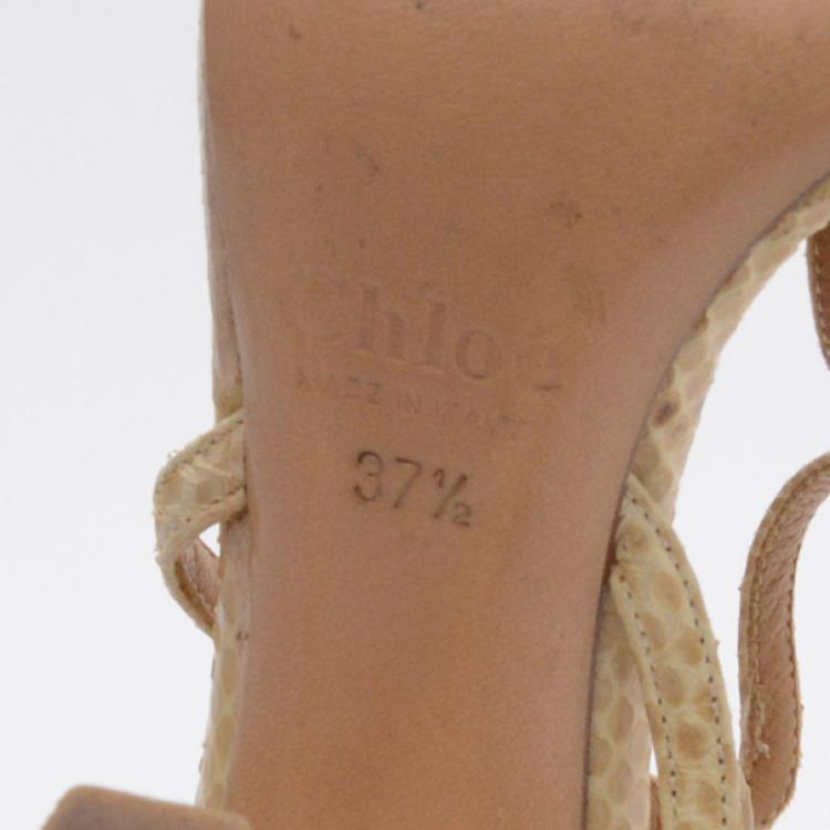 Pre Owned Chloe Cream Python Embossed Leather T Strap Sandals Size 37.5