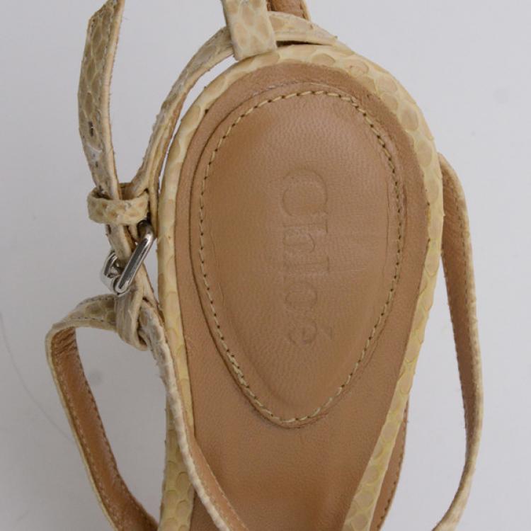 Pre Owned Chloe Cream Python Embossed Leather T Strap Sandals Size 37.5