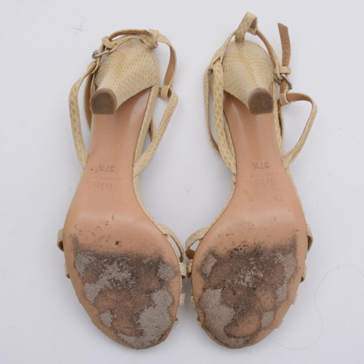 Pre Owned Chloe Cream Python Embossed Leather T Strap Sandals Size 37.5