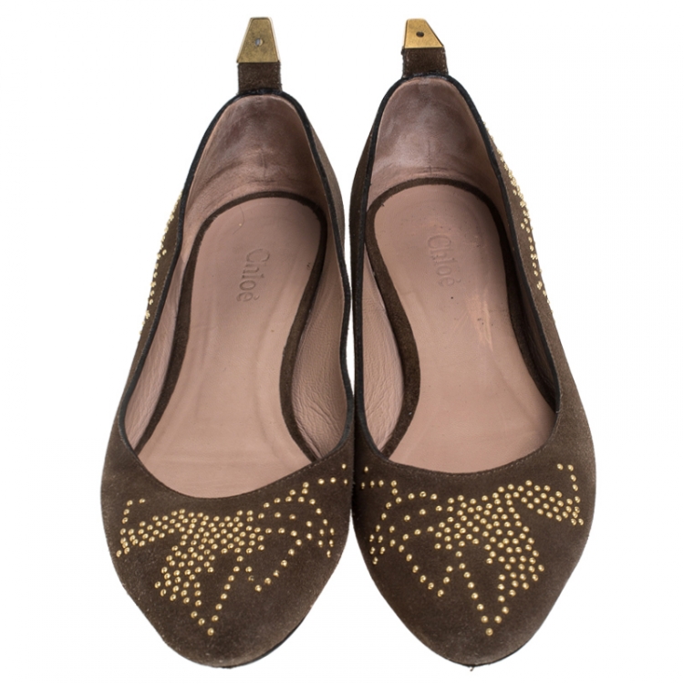 Pre Owned Chloe Brown Suede Anatolia Studded Ballet Flats Size 39