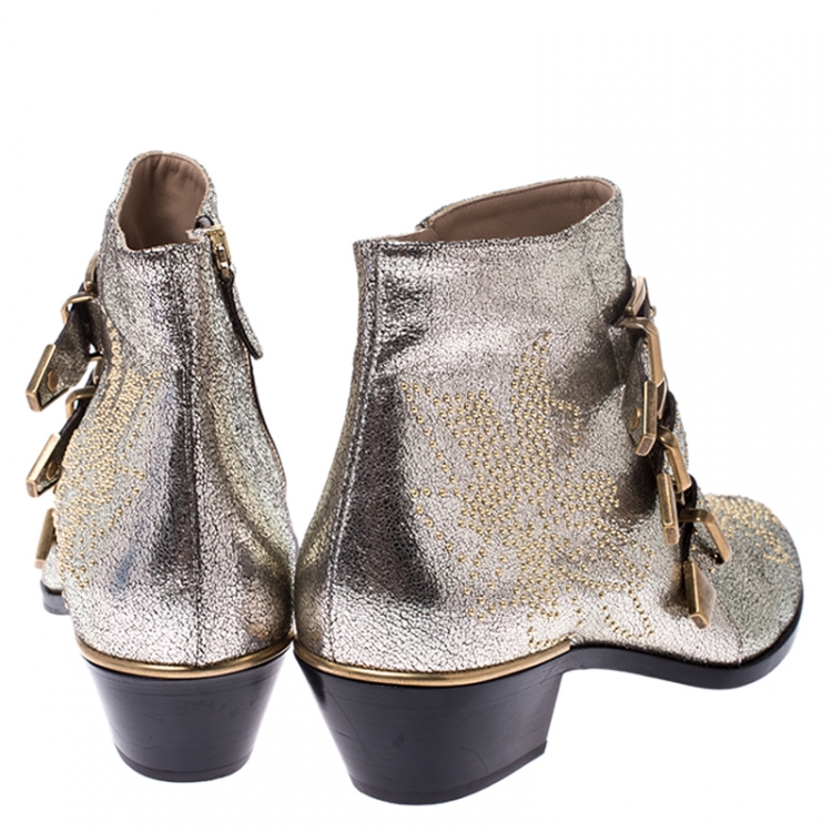 Pre Owned Chloe Gold Leather Suzanna Studded Ankle Boots Size 41