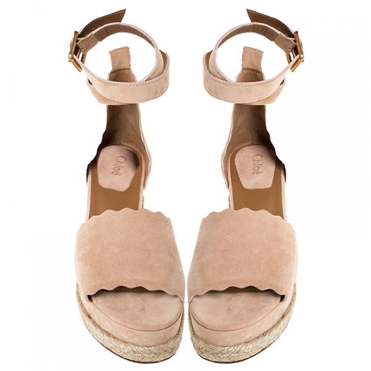 Pre Owned Chloe Beige Suede Scalloped Trim Lauren Ankle Wrap Flatform Espadrille Sandals Size 40