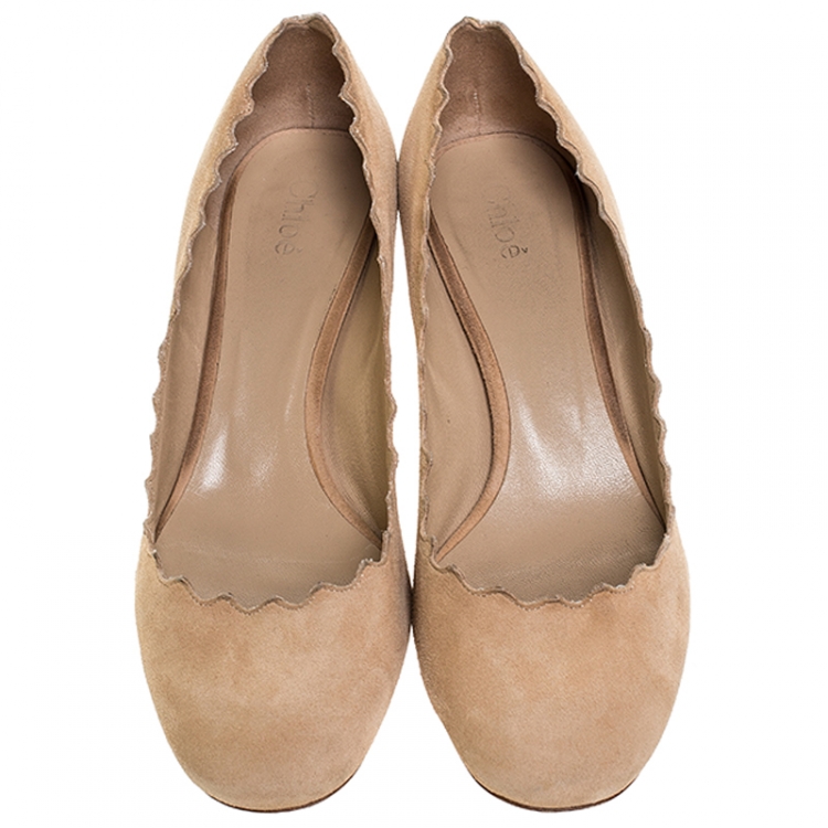 Pre Owned Chloe Beige Suede Lauren Scallop Trim Block Heel Pumps Size 37