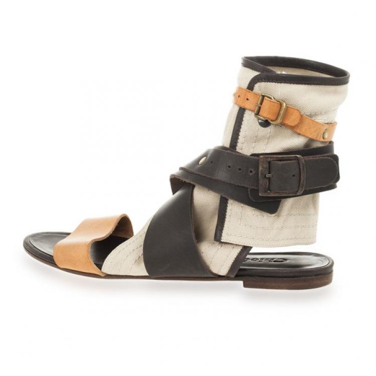 Pre Owned Chloé Multi-strap Leather &amp; Canvas Gladiator Sandals Size 37.5