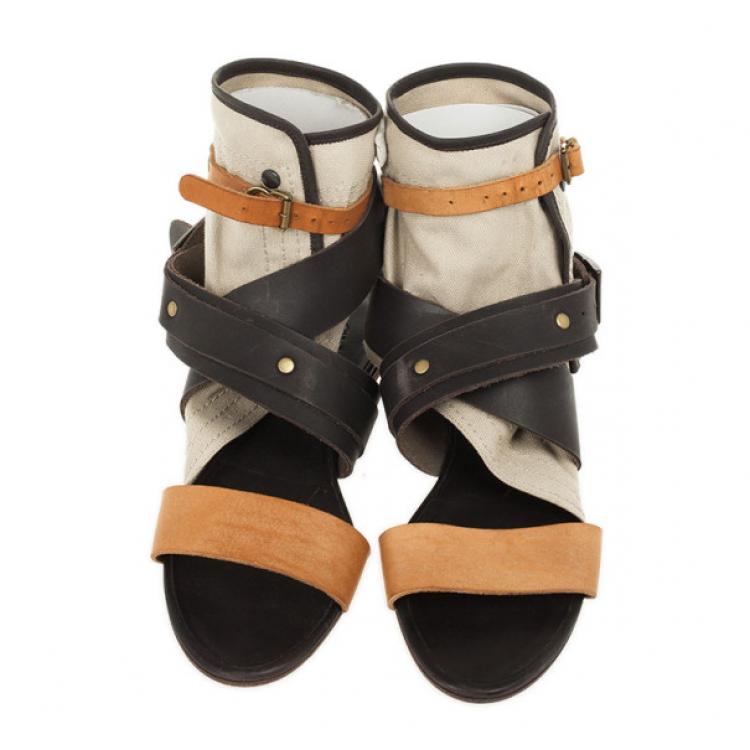 Pre Owned Chloé Multi-strap Leather &amp; Canvas Gladiator Sandals Size 37.5