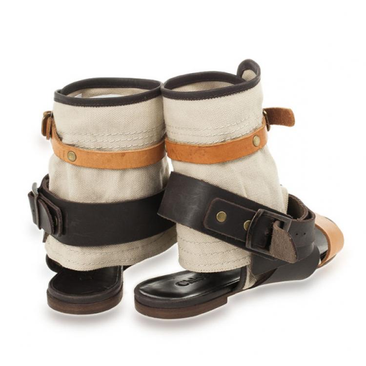 Pre Owned Chloé Multi-strap Leather &amp; Canvas Gladiator Sandals Size 37.5