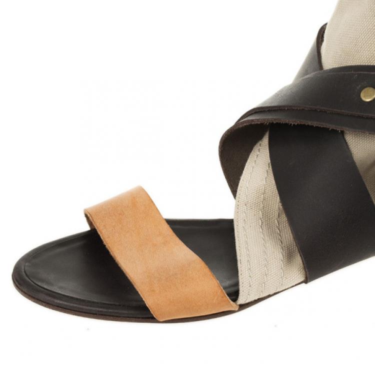 Pre Owned Chloé Multi-strap Leather &amp; Canvas Gladiator Sandals Size 37.5