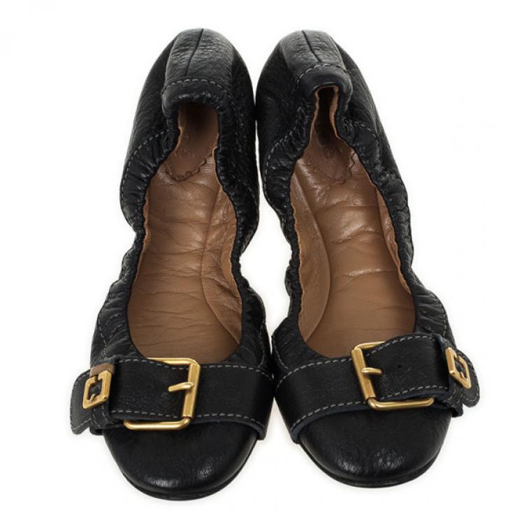 Pre Owned Chloé Black Leather Buckle Ballet Flats Size 36