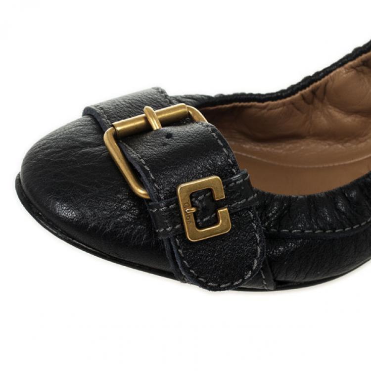 Pre Owned Chloé Black Leather Buckle Ballet Flats Size 36