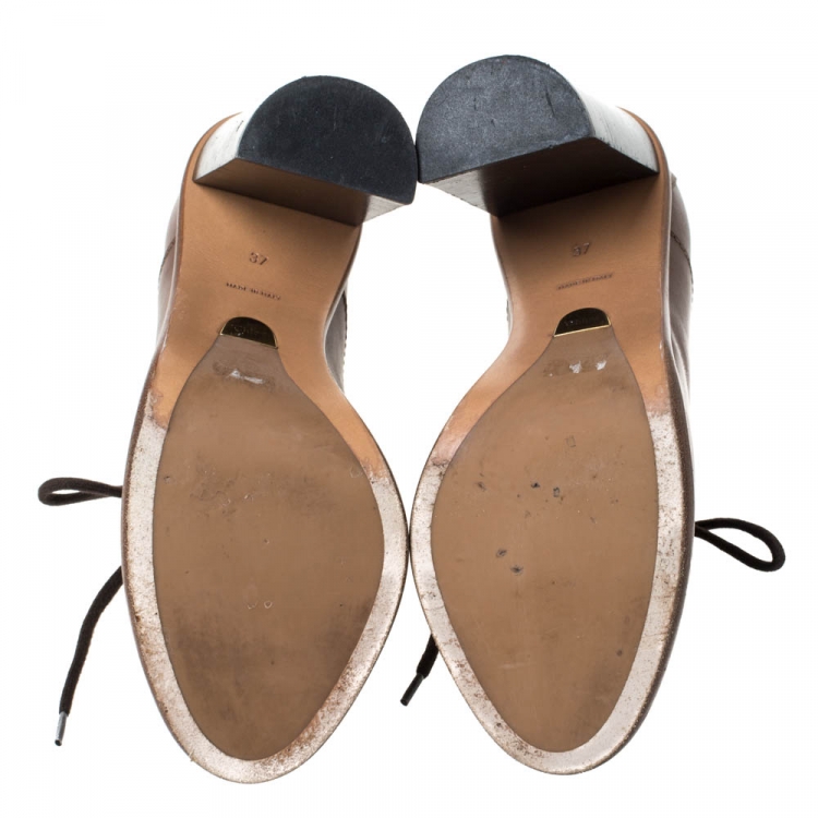 مملوكة مسبقًا Chloe Brown Leather Block Heel Lace Up Ankle Boots Size 37