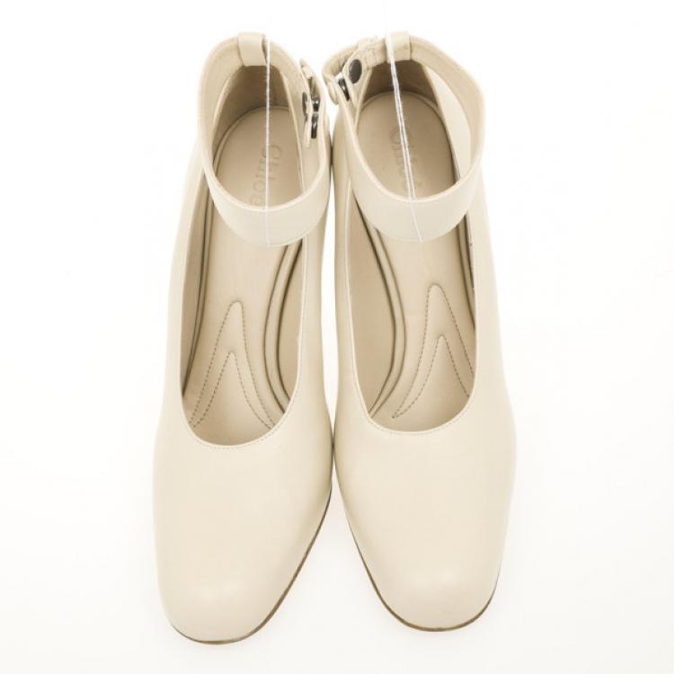 Pre Owned Chloé Beige Leather High Cut Ankle Strap Pumps Size 39.5