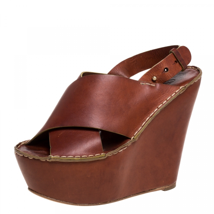 Chloe Brown Leather Criss Cross Platform Wedge Sandals Size 38 Tlc - Leather Crisscross Wedge Sandal Chloe Brown Leather Criss Cross Platform Wedge Sandals Size 38 Tlc - Leather Crisscross Wedge Sandal