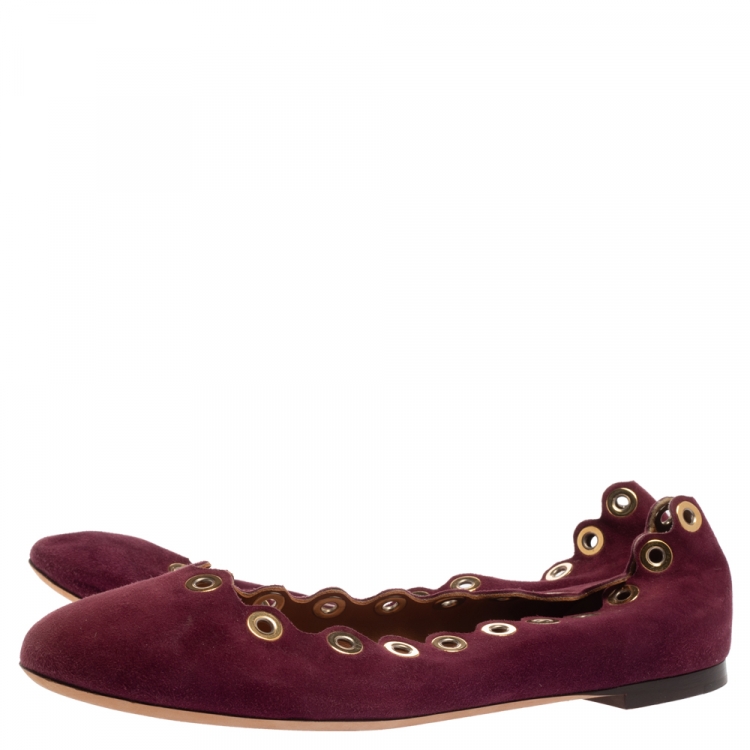 Pre Owned Chloe Purple Suede Grommet Scalloped Ballet Flats Size 39