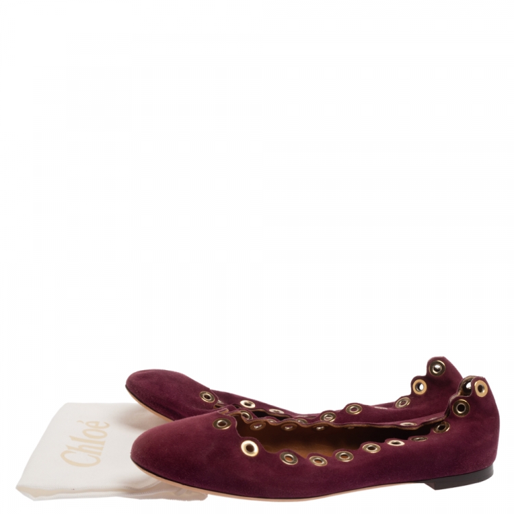 Pre Owned Chloe Purple Suede Grommet Scalloped Ballet Flats Size 39