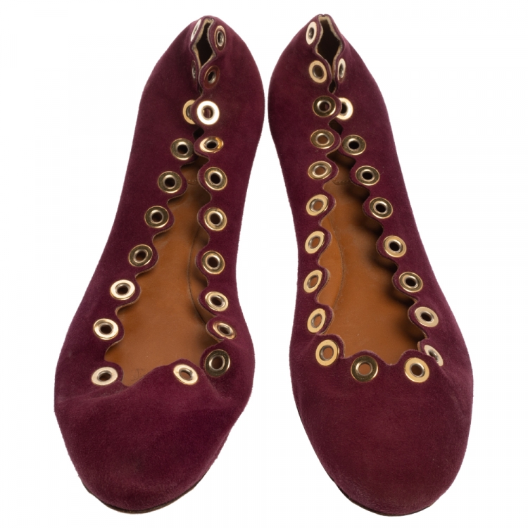 Pre Owned Chloe Purple Suede Grommet Scalloped Ballet Flats Size 39