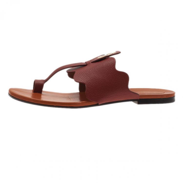 Pre Owned Chloe Brown Leather Toe Ring Sandals Size 37
