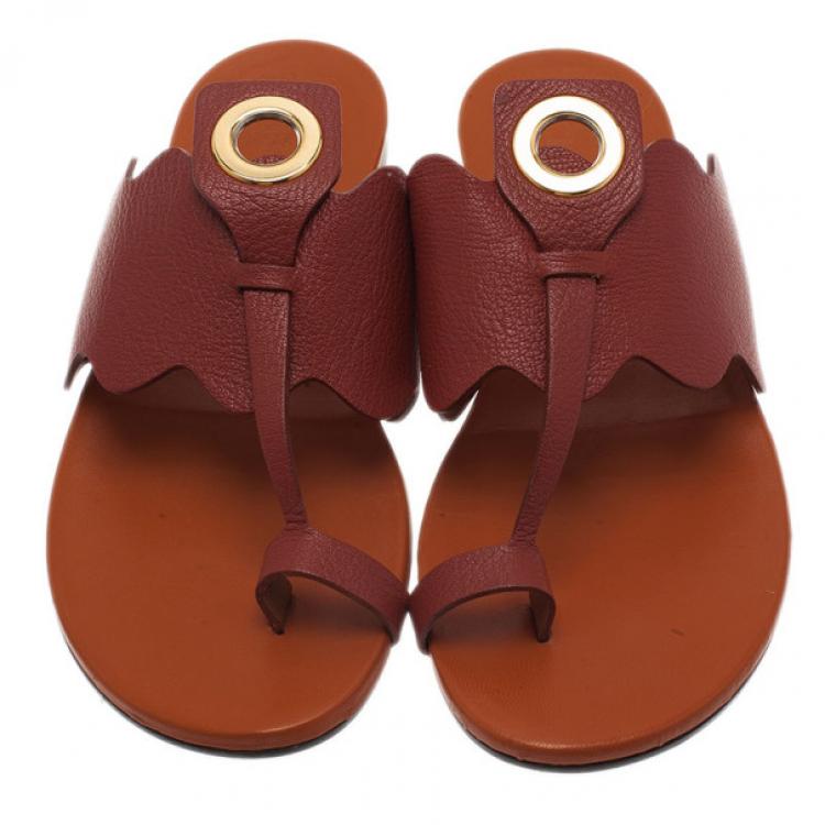 Pre Owned Chloe Brown Leather Toe Ring Sandals Size 37