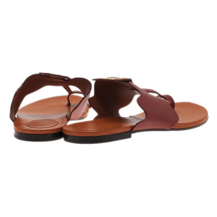 Pre Owned Chloe Brown Leather Toe Ring Sandals Size 37
