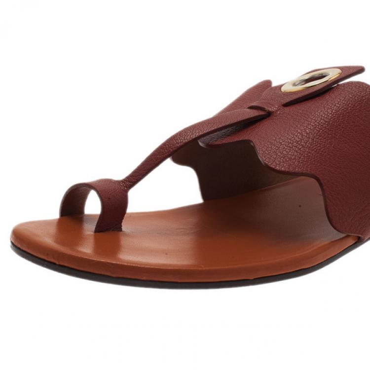 Pre Owned Chloe Brown Leather Toe Ring Sandals Size 37