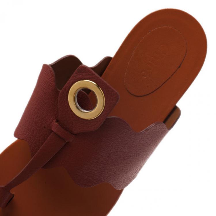 Pre Owned Chloe Brown Leather Toe Ring Sandals Size 37