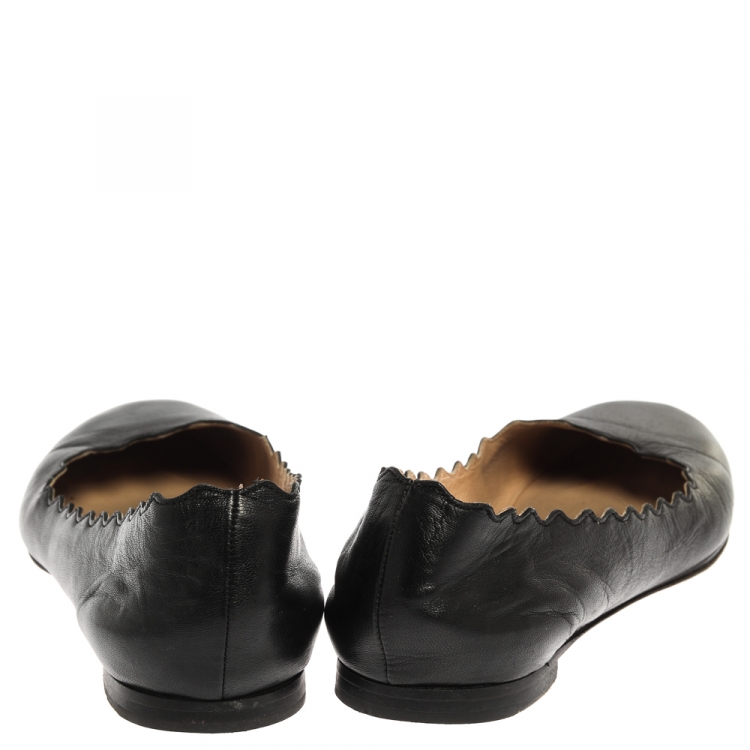 Pre Owned Chloé Black Leather Lauren Scalloped Ballet Flats Size 36