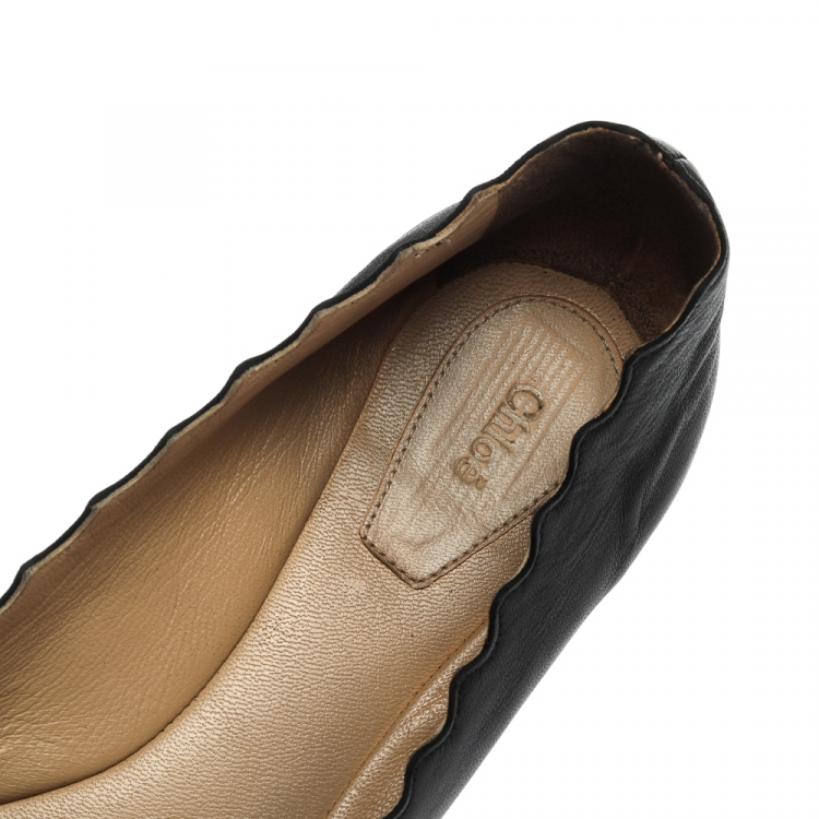 Pre Owned Chloé Black Leather Lauren Scalloped Ballet Flats Size 36