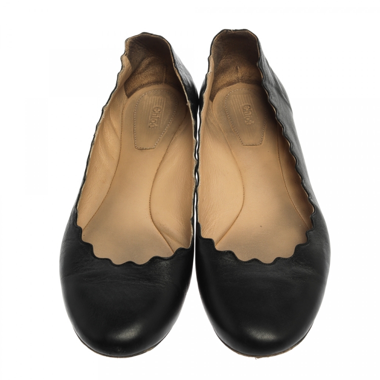Pre Owned Chloé Black Leather Lauren Scalloped Ballet Flats Size 36