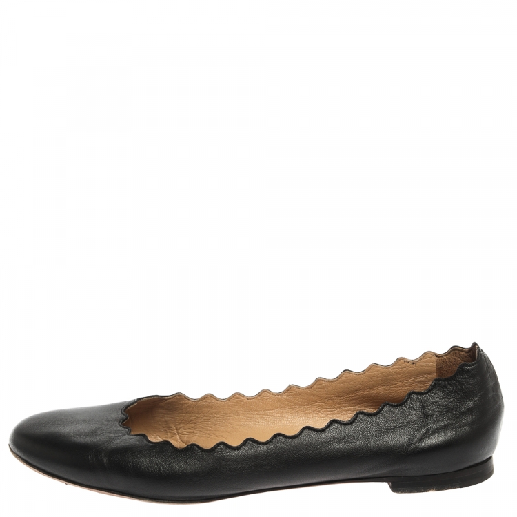 Pre Owned Chloé Black Leather Lauren Scalloped Ballet Flats Size 36