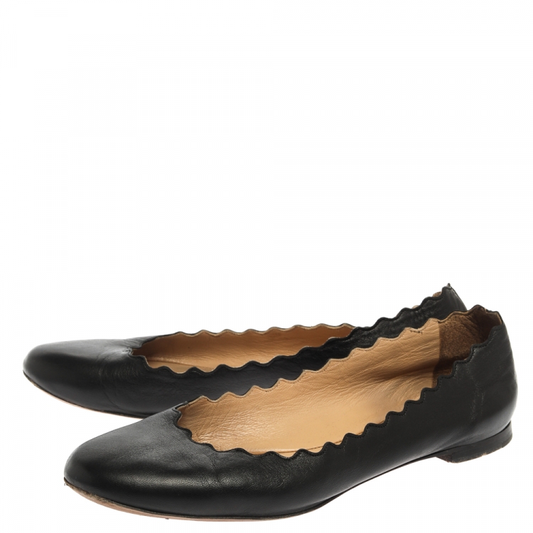 Pre Owned Chloé Black Leather Lauren Scalloped Ballet Flats Size 36